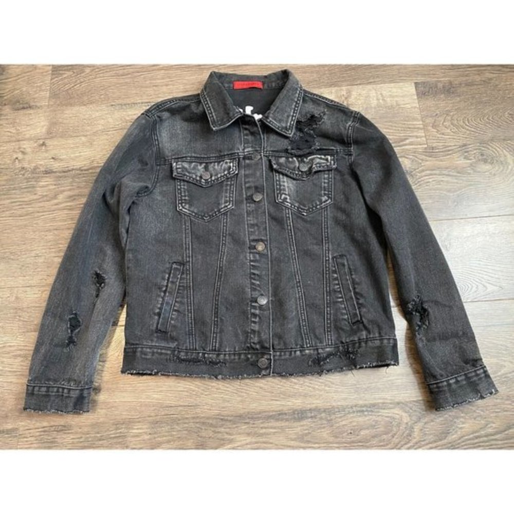 EUC Womens Signature‎ 8 distressed black denim jean jacket  darling size S